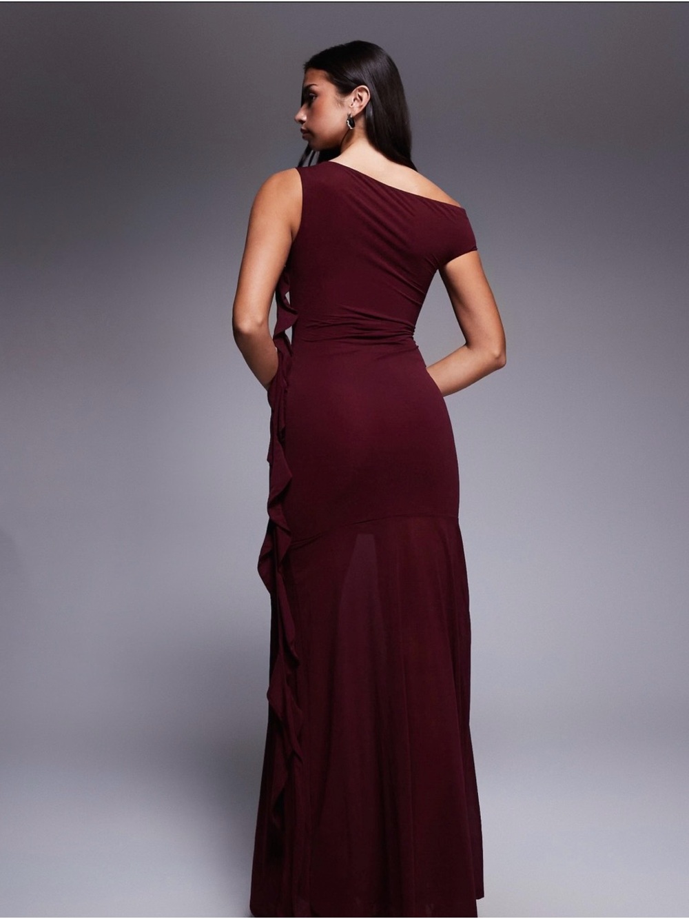 ASOS Burgundy One-Shoulder Ruffle-Trim Gown - Picture 3 of 4
